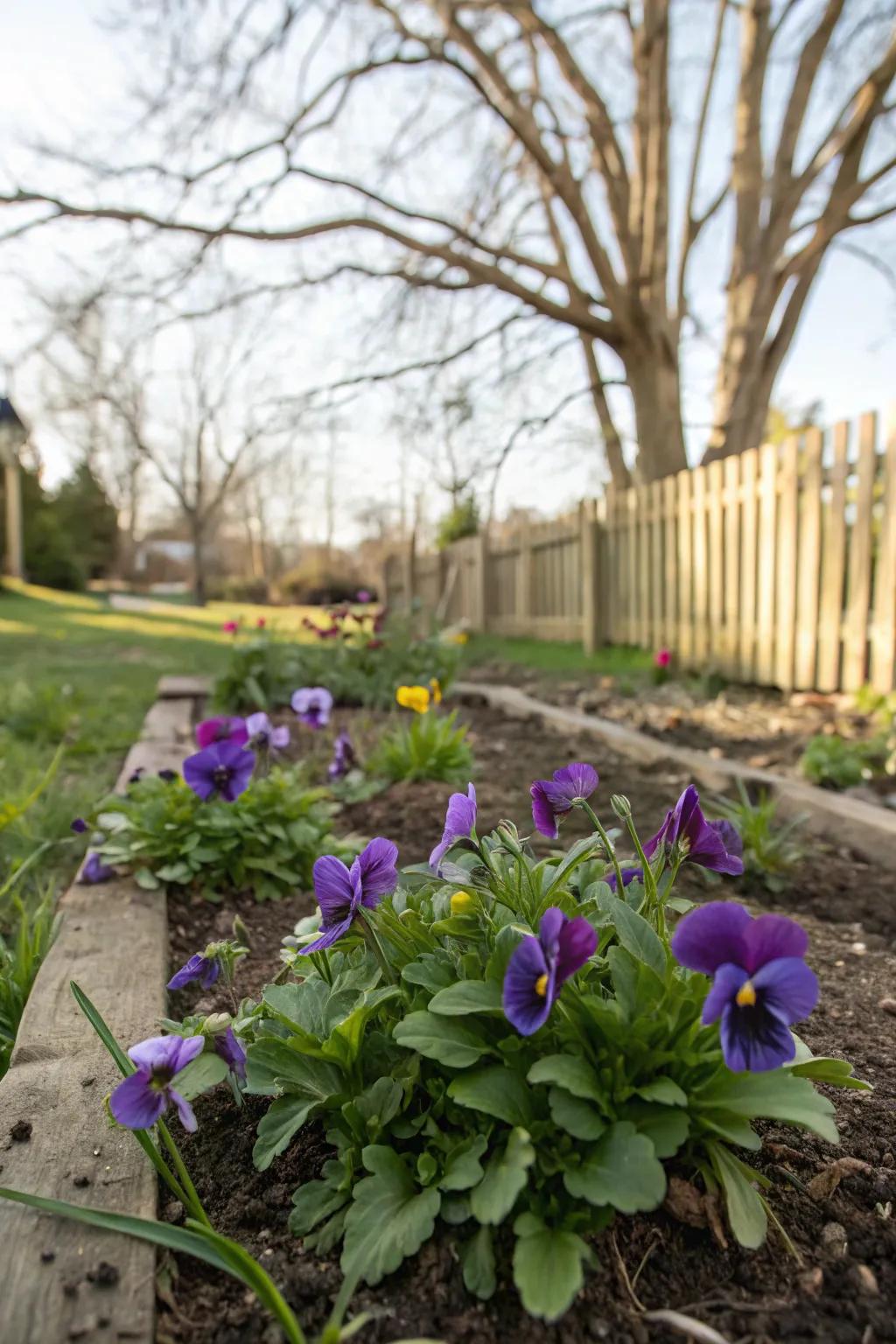 Pansies thrive in cool weather, offering bright purple blooms.