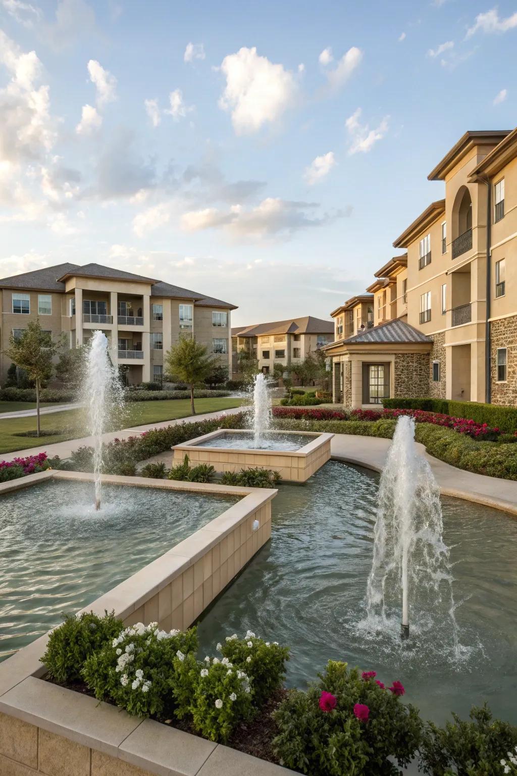 Water features add serenity and luxury to this apartment complex.