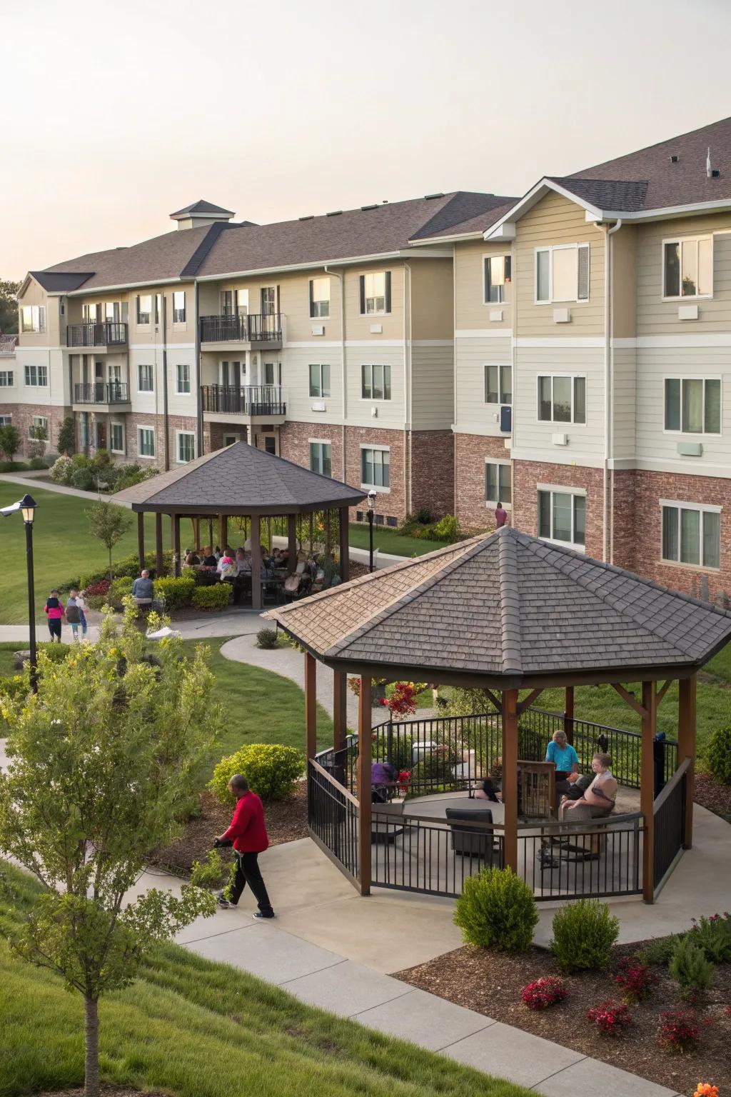 Gazebos and communal spaces create opportunities for resident interaction.