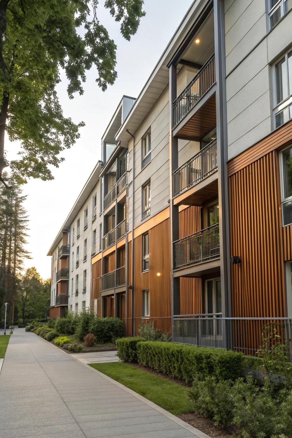 A harmonious blend of modern and classic materials on an apartment facade.