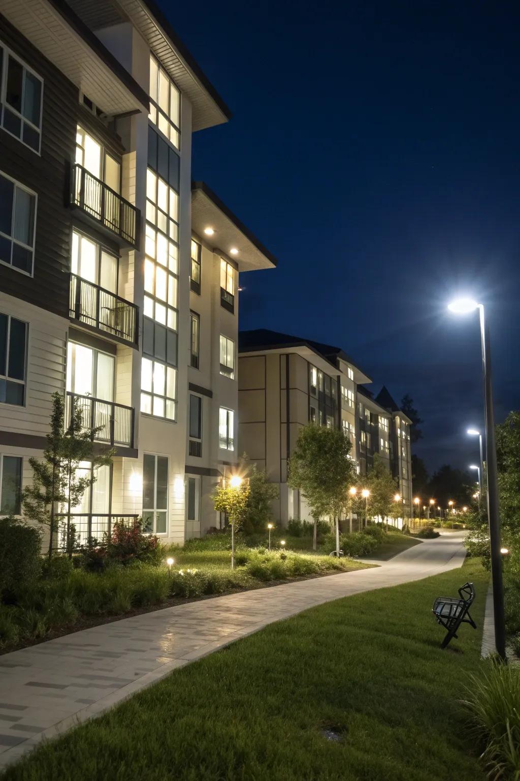 Modern lighting transforms this apartment complex into a nighttime spectacle.