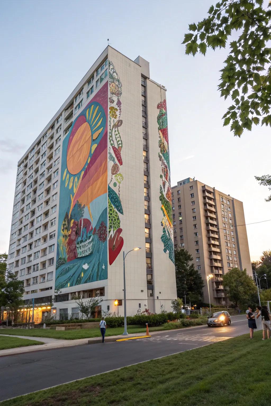 A vibrant mural turns this building's exterior into an urban masterpiece.