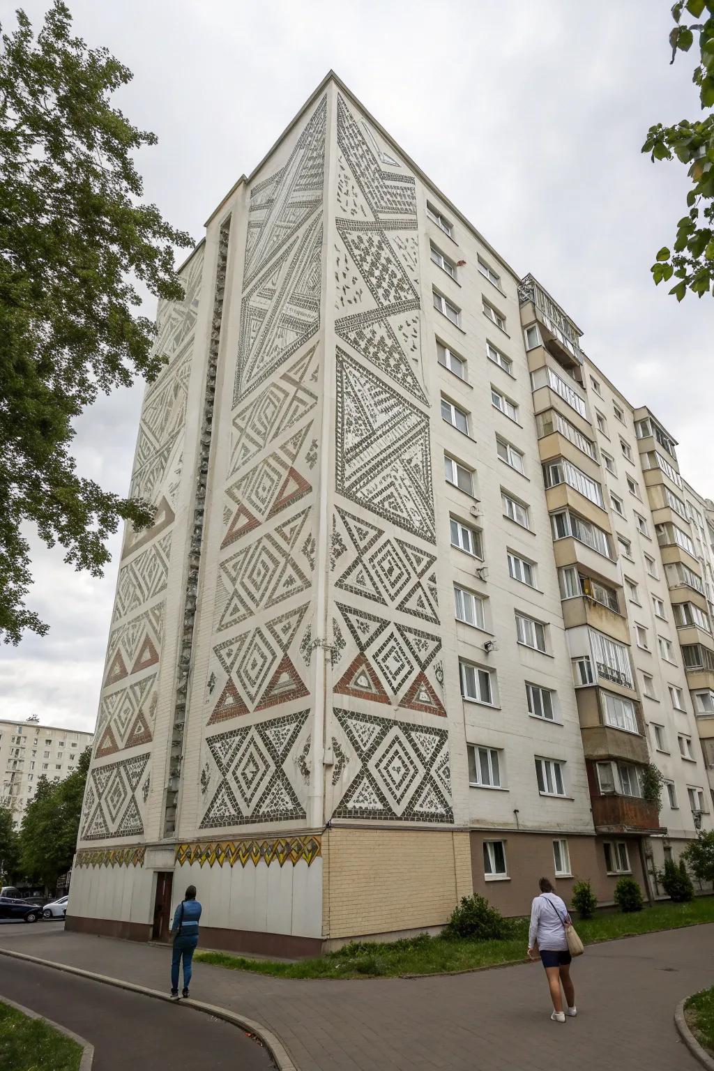 Geometric patterns add modern flair to this apartment building.