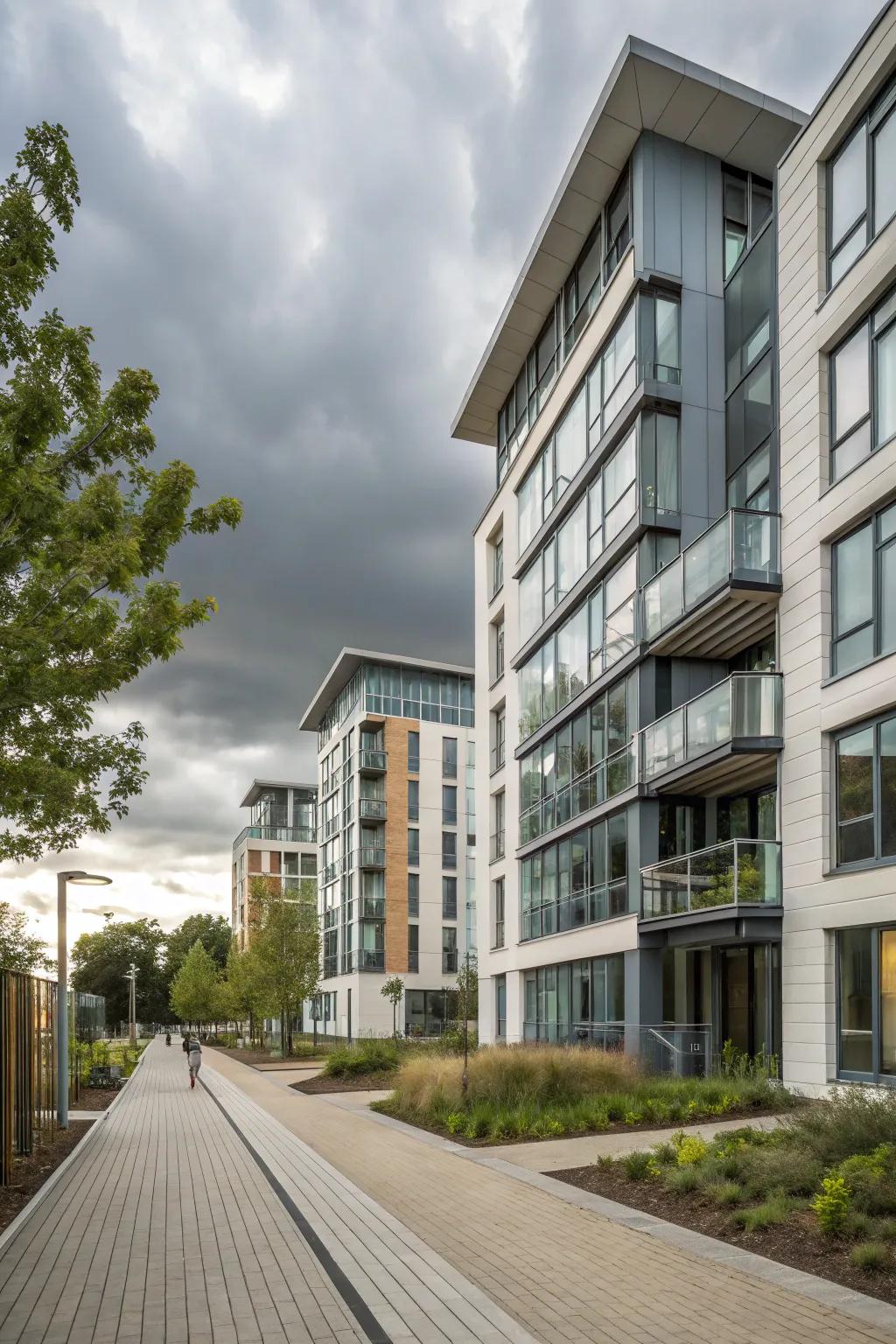 Asymmetrical design adds a contemporary edge to this apartment complex.