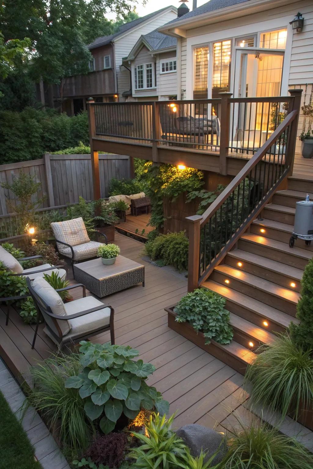 A multi-level deck adds dimension and functionality to a small backyard.