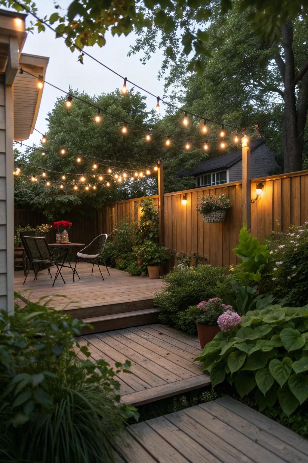 String lights cast a warm glow over a small deck, perfect for evening gatherings.
