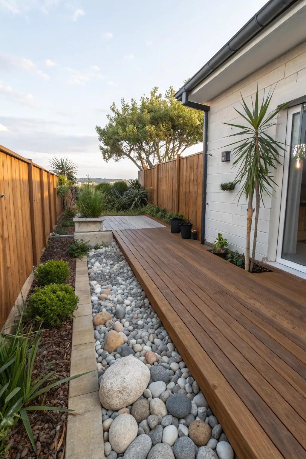 A blend of wood and stone adds visual interest to a small deck.