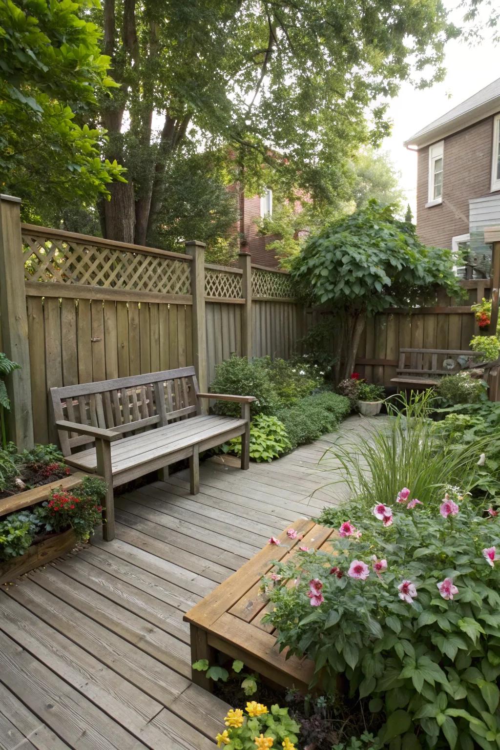 Built-in benches offer space-saving seating on a small deck.