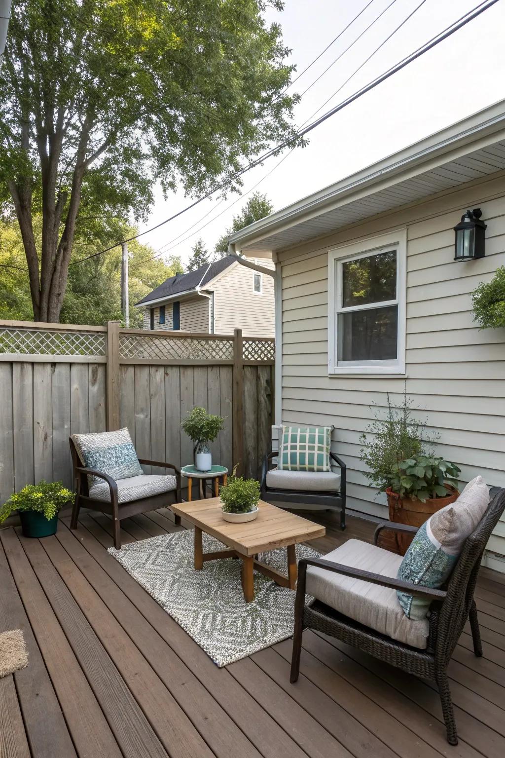 A cozy seating area perfect for enjoying morning coffee in your backyard retreat.