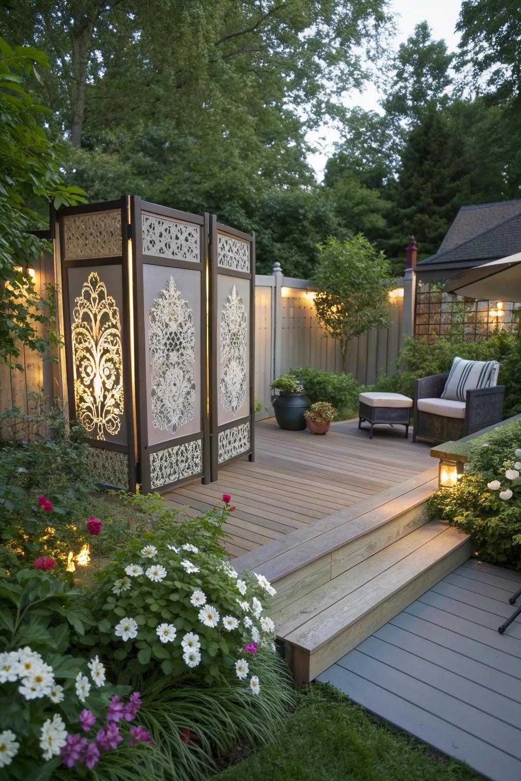 Privacy screens offer a secluded feel to a small deck.