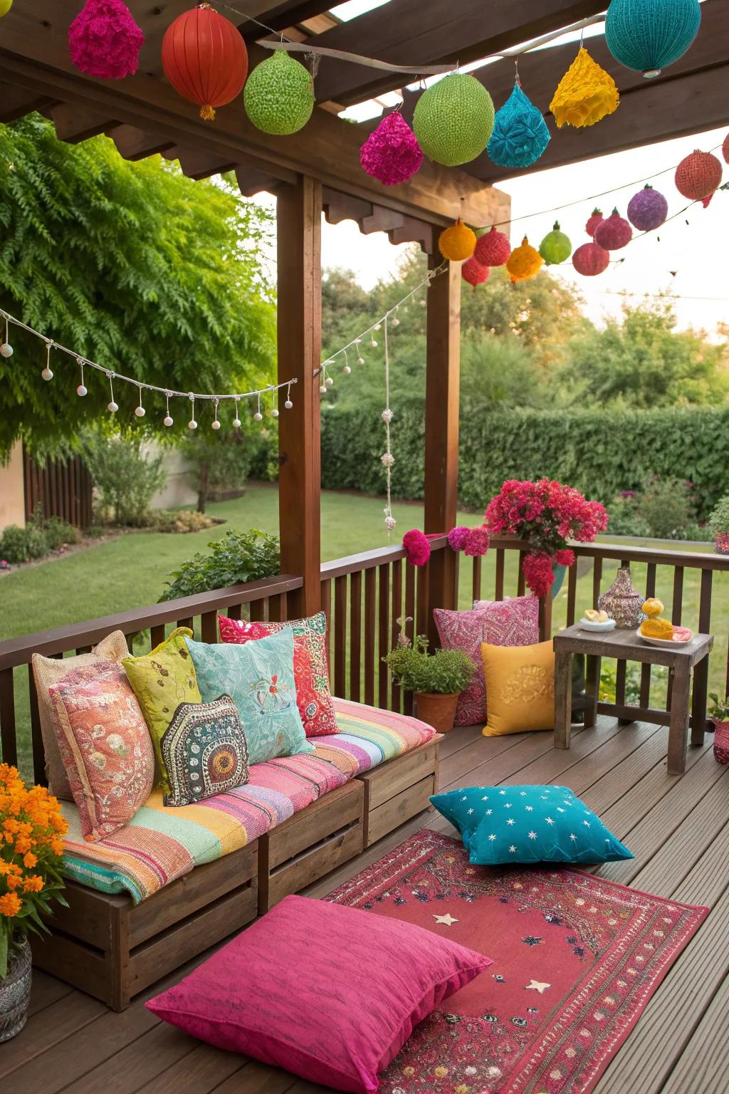 Bright cushions add a cheerful pop of color to a small deck.