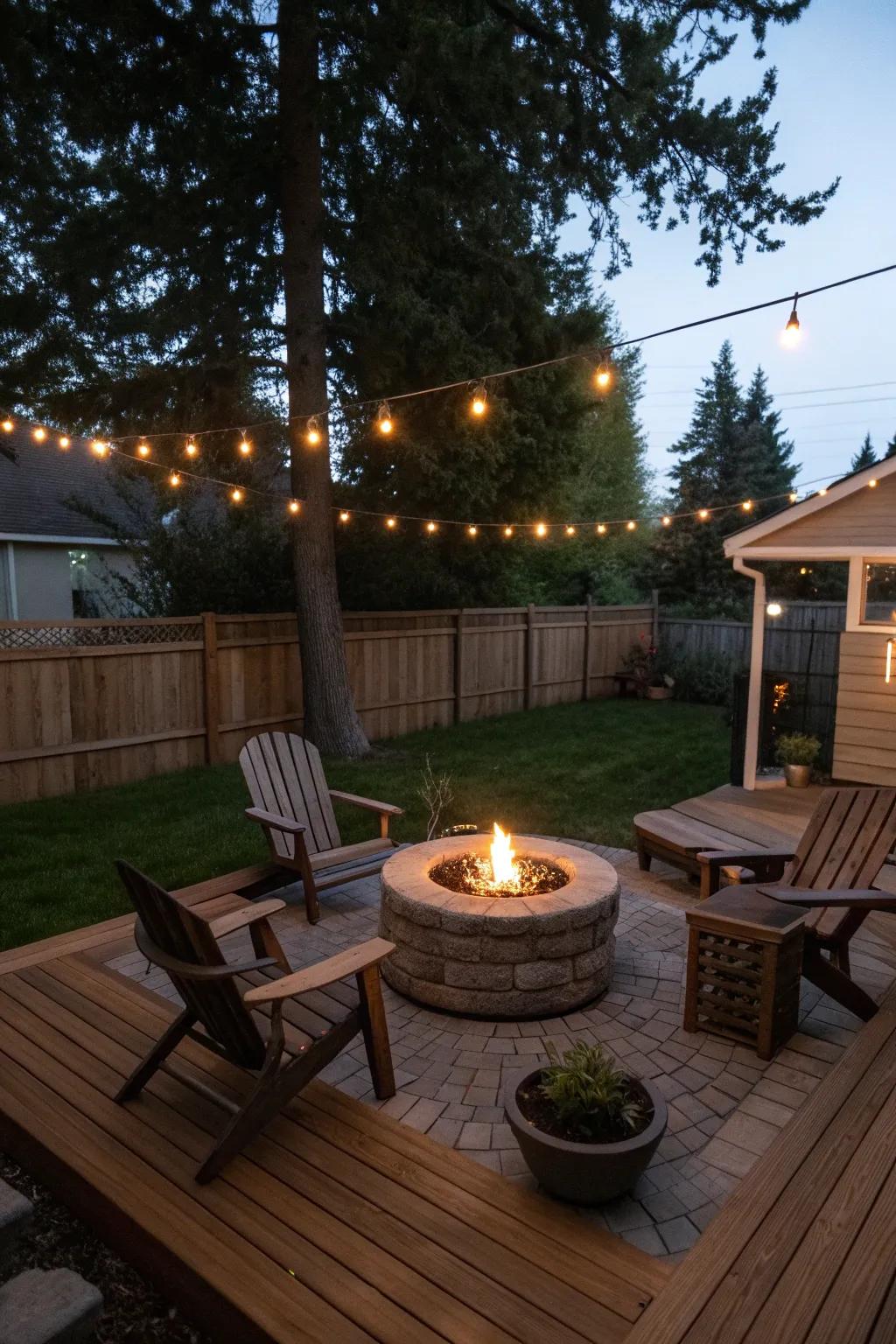 A firepit creates a cozy focal point on a small deck.