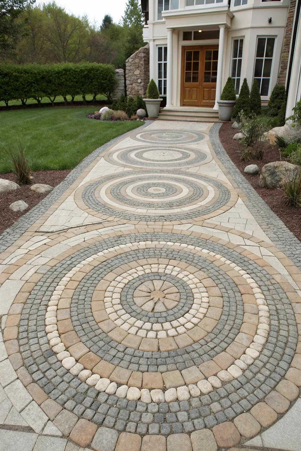Driveway apron with circular stone patterns.