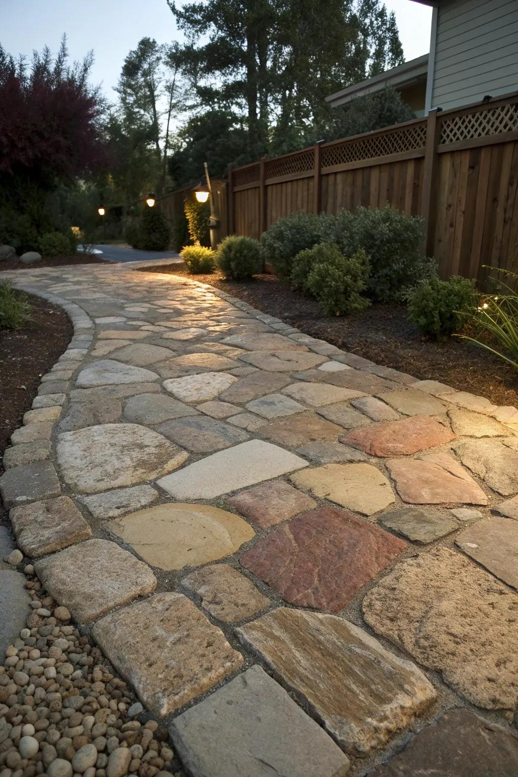 Natural stone driveway apron with varying textures.