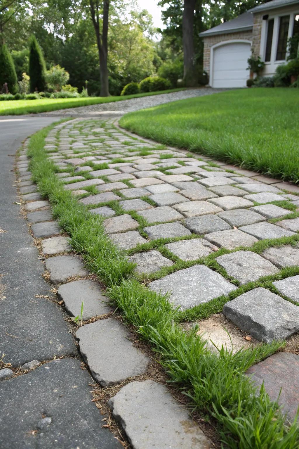 Cobblestone driveway apron with grass in between.