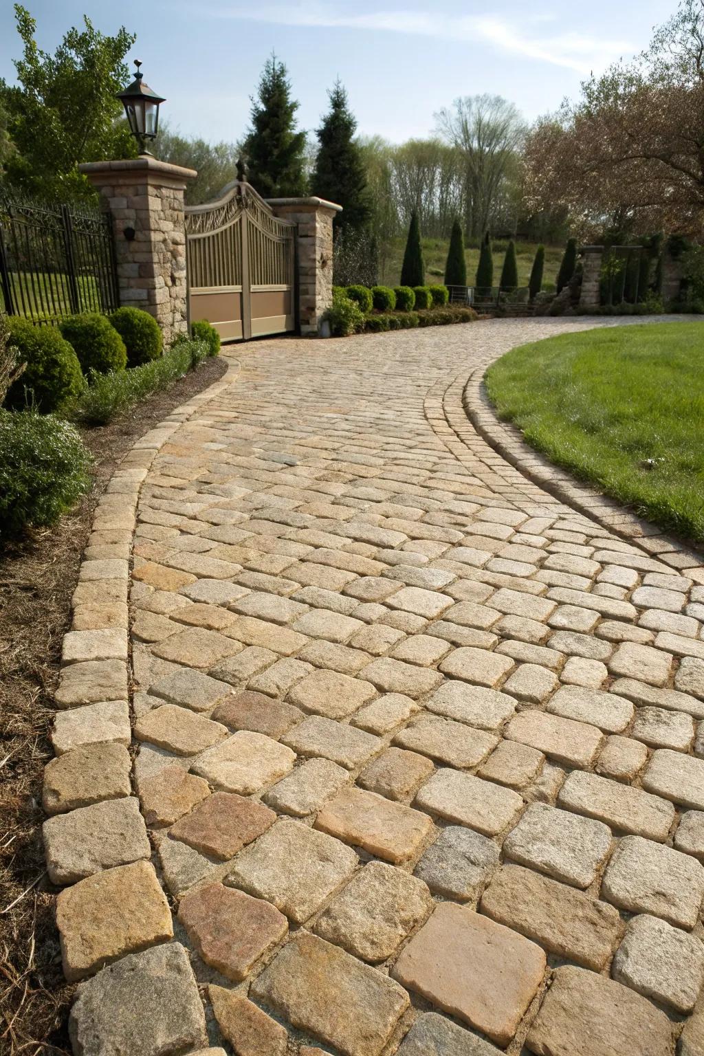 A classic cobblestone driveway apron with a rustic finish.