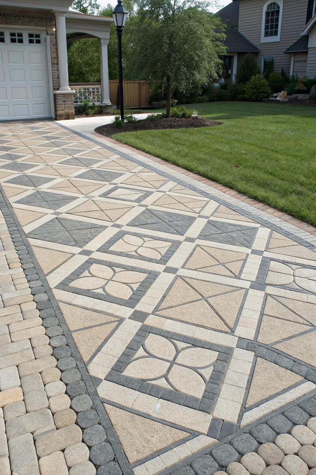 Geometric paver patterns on a driveway apron.