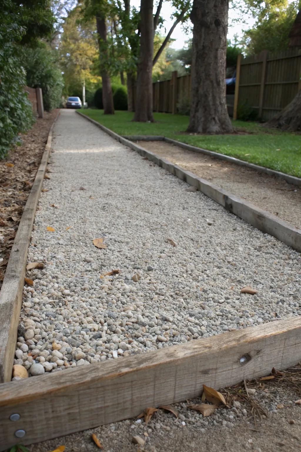 Natural gravel driveway apron with wooden borders.