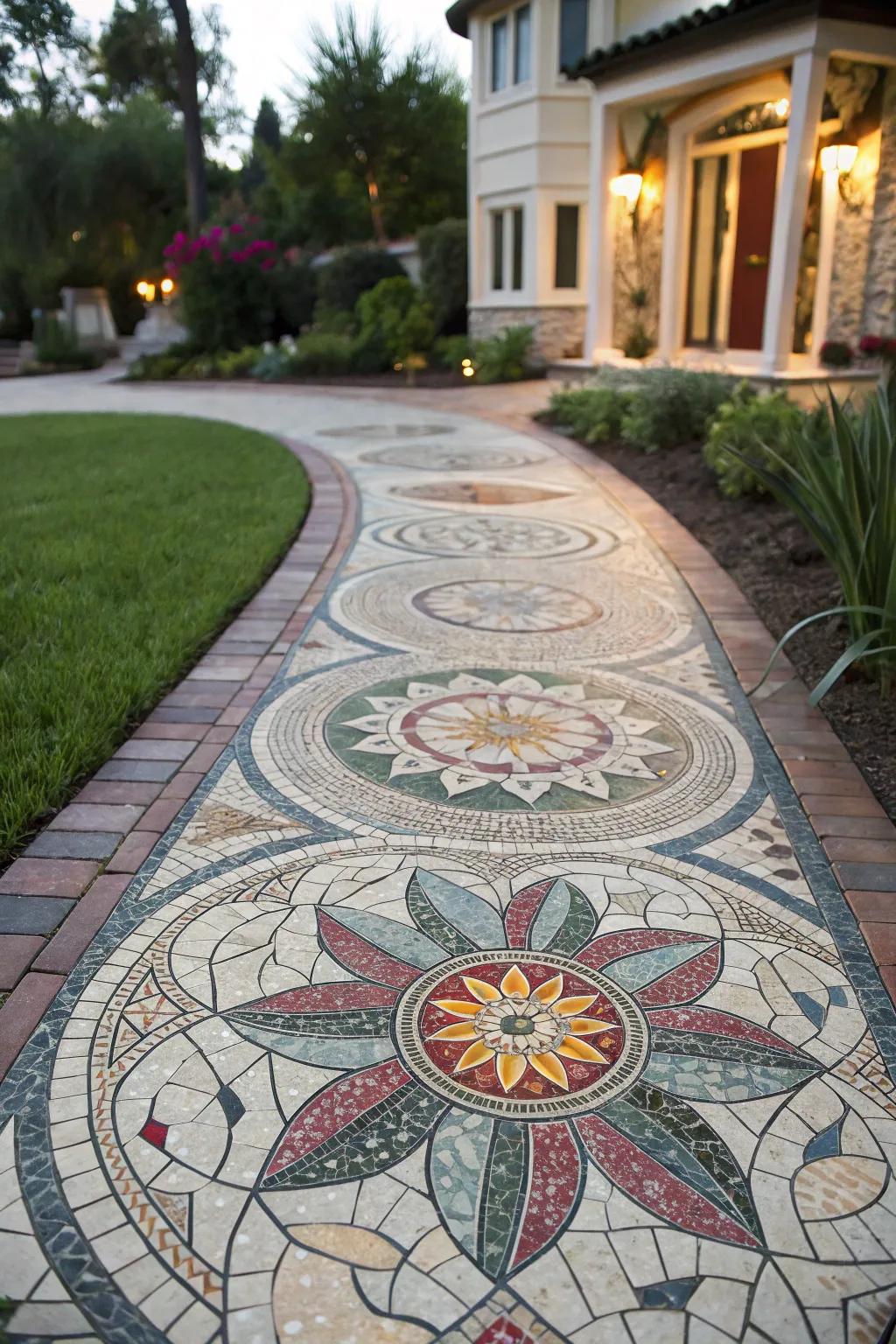 Intricate mosaic tile art on a driveway apron.
