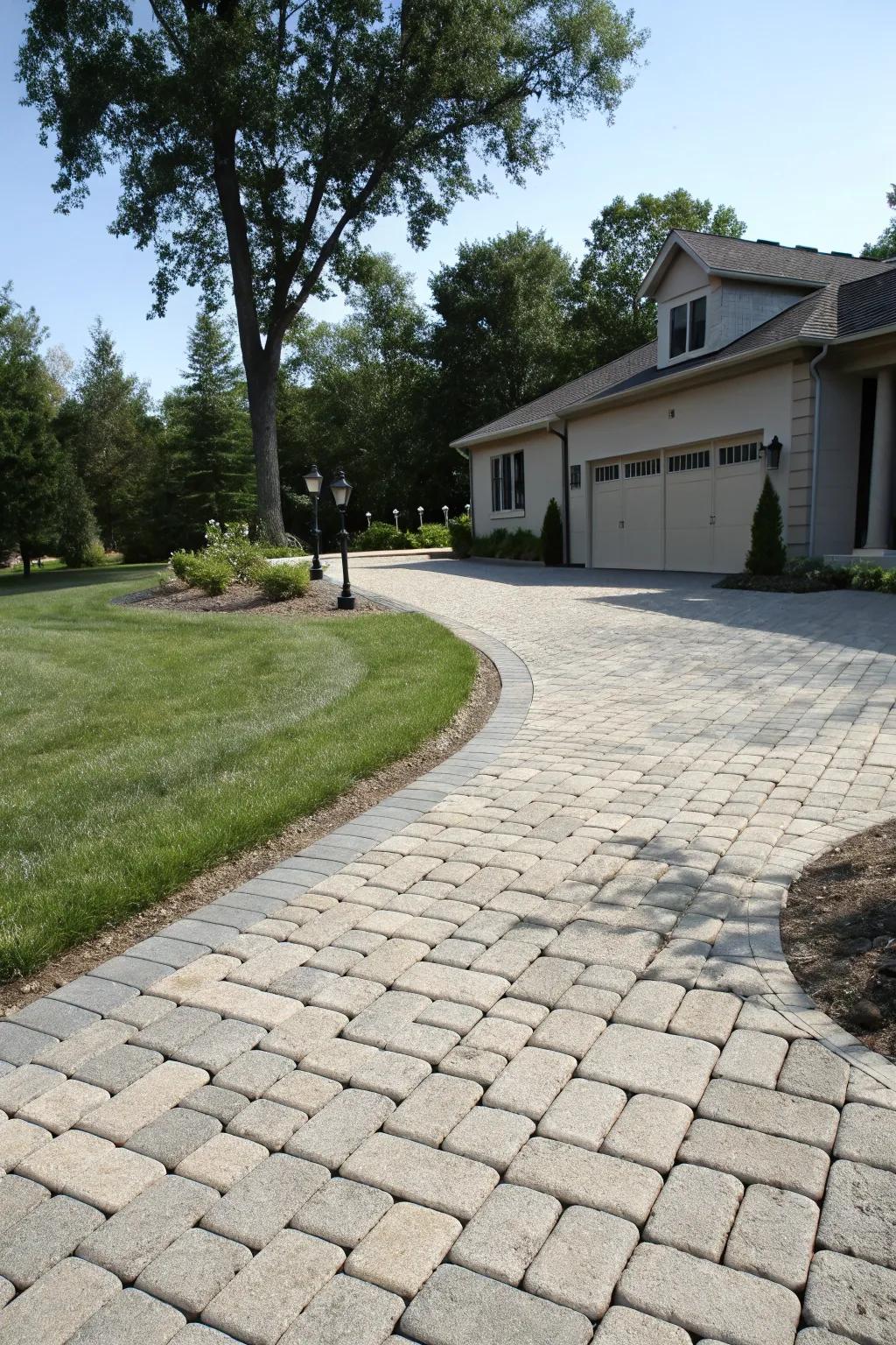 Eco-friendly permeable pavers on a driveway apron.