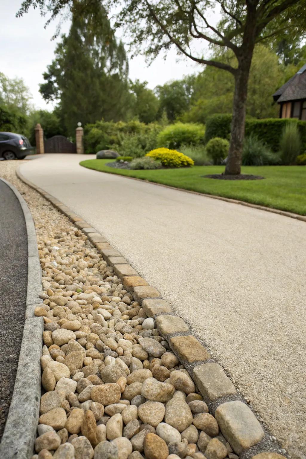 Natural stone edging on a driveway apron.