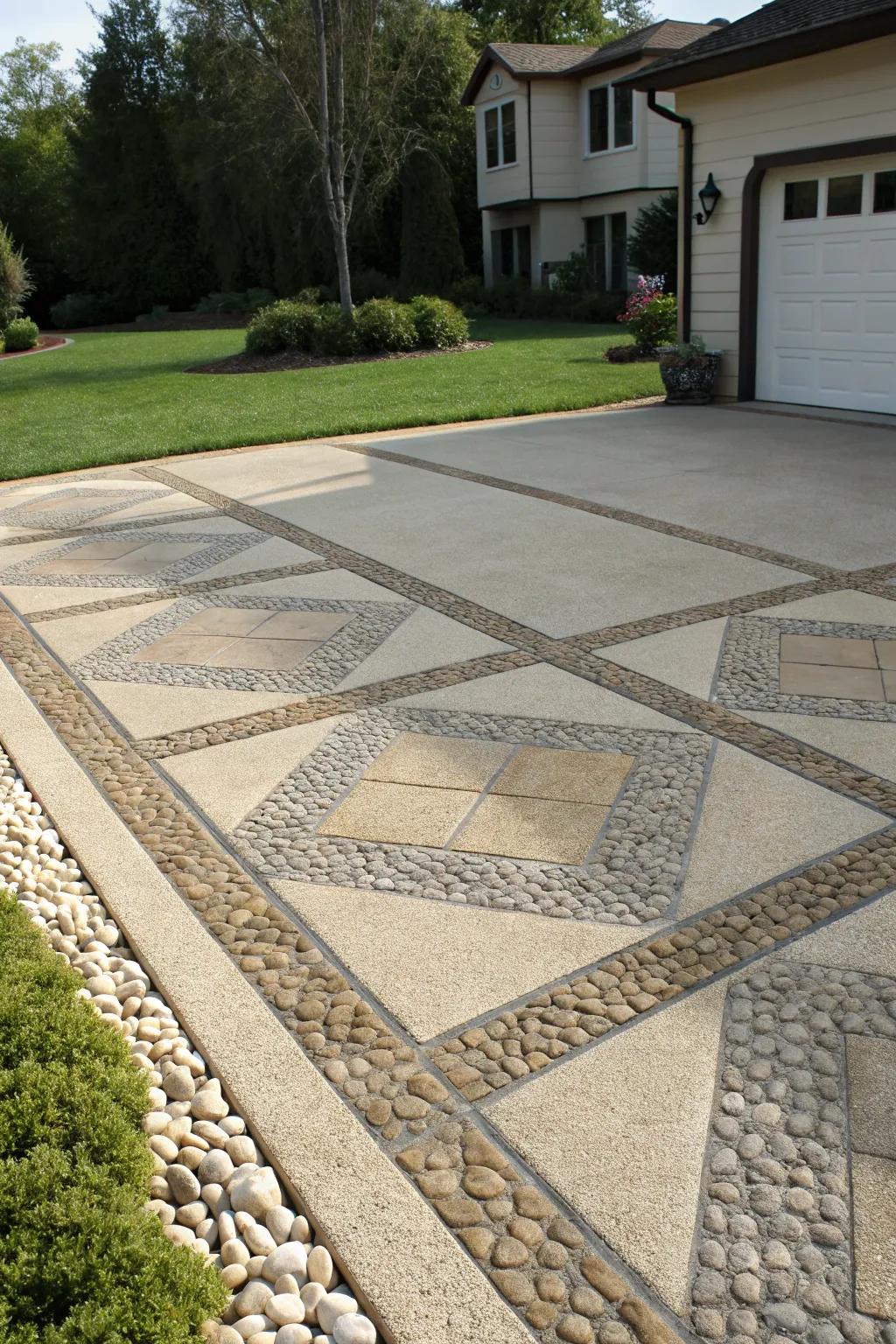 Textured stone inlays on a driveway apron.