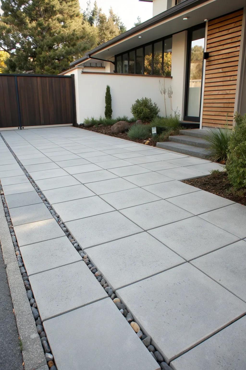 A modern driveway apron with sleek contemporary pavers.