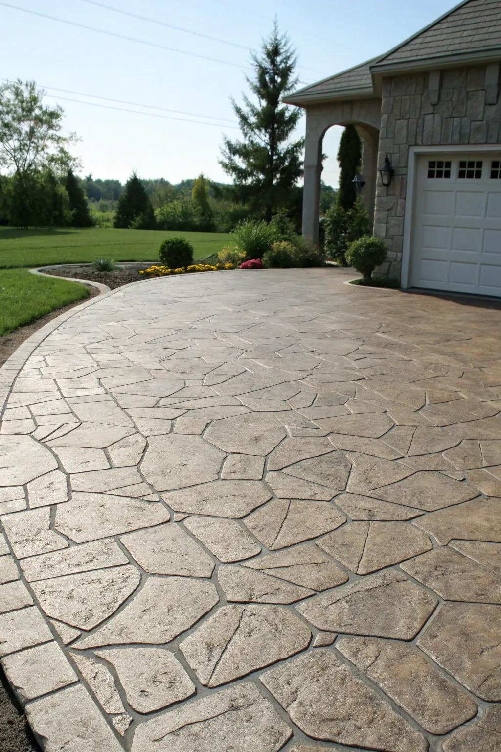 Stamped concrete driveway apron with a natural stone pattern.