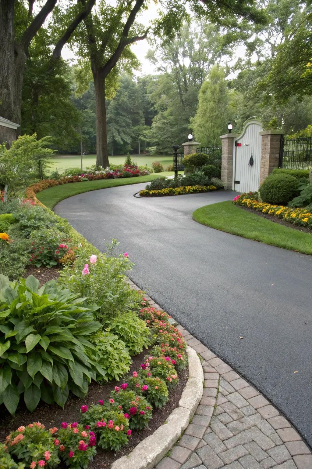 Driveway apron with green edging and a lush garden.