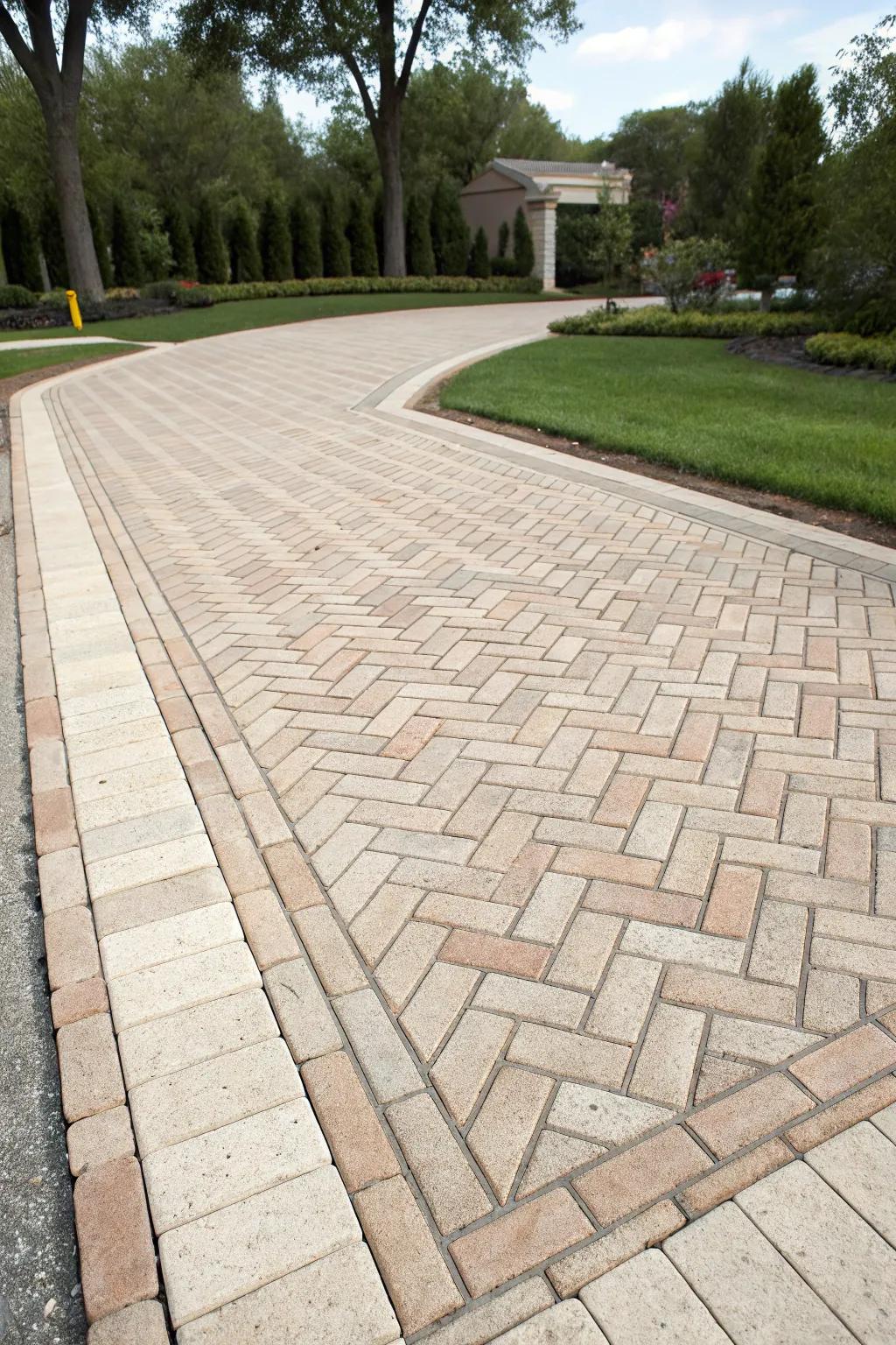 Herringbone brick pattern on a driveway apron.