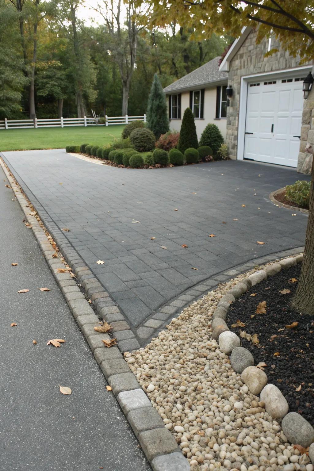 Driveway apron with a decorative stone border.