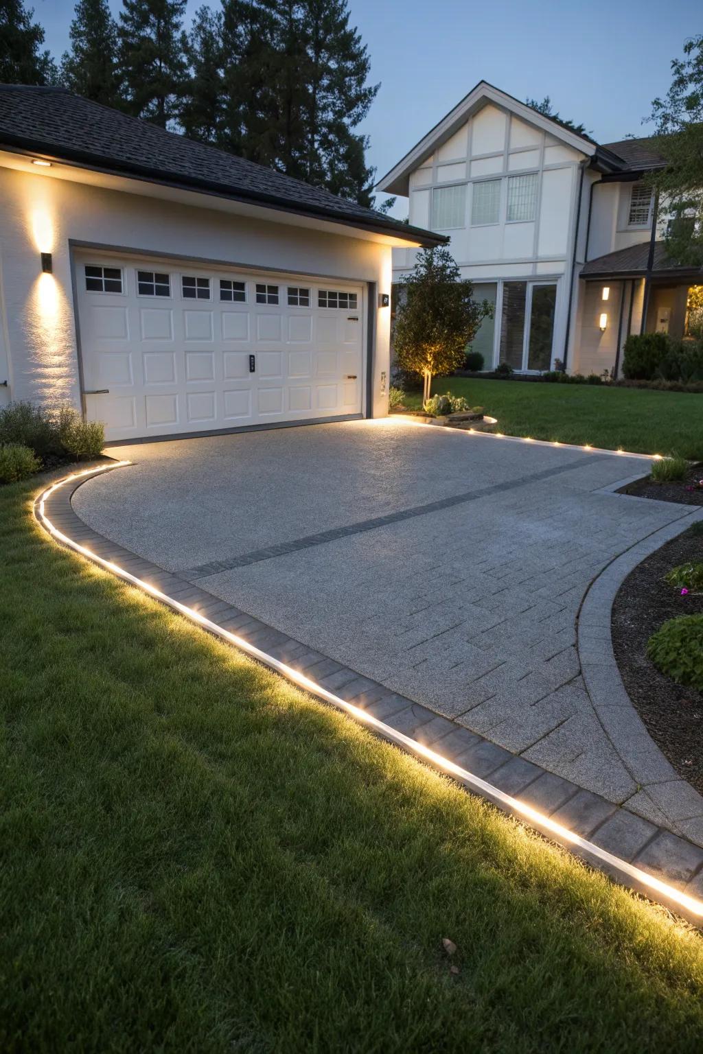 Integrated LED lighting on a driveway apron.