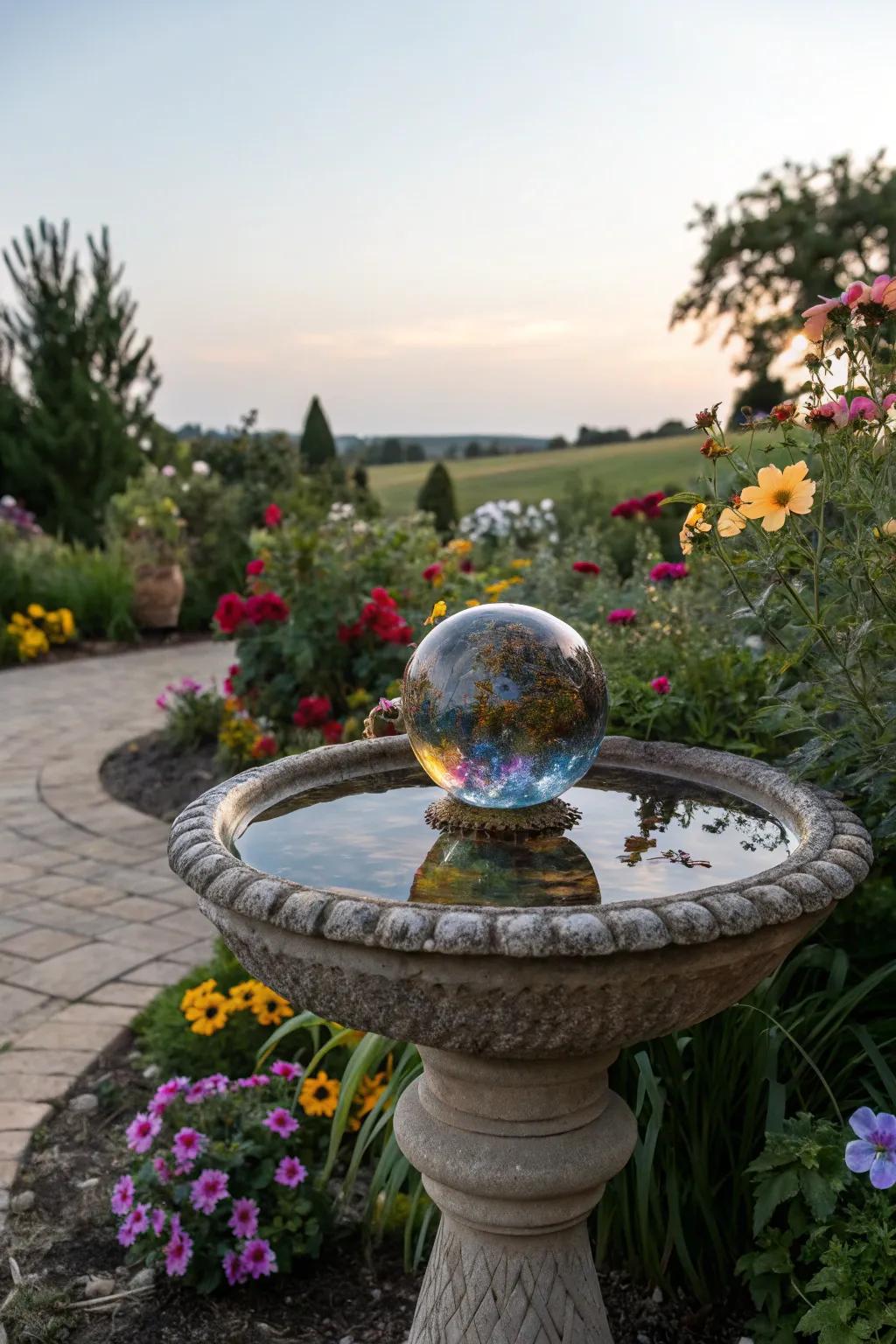 Gazing ball centerpiece in a floral birdbath.