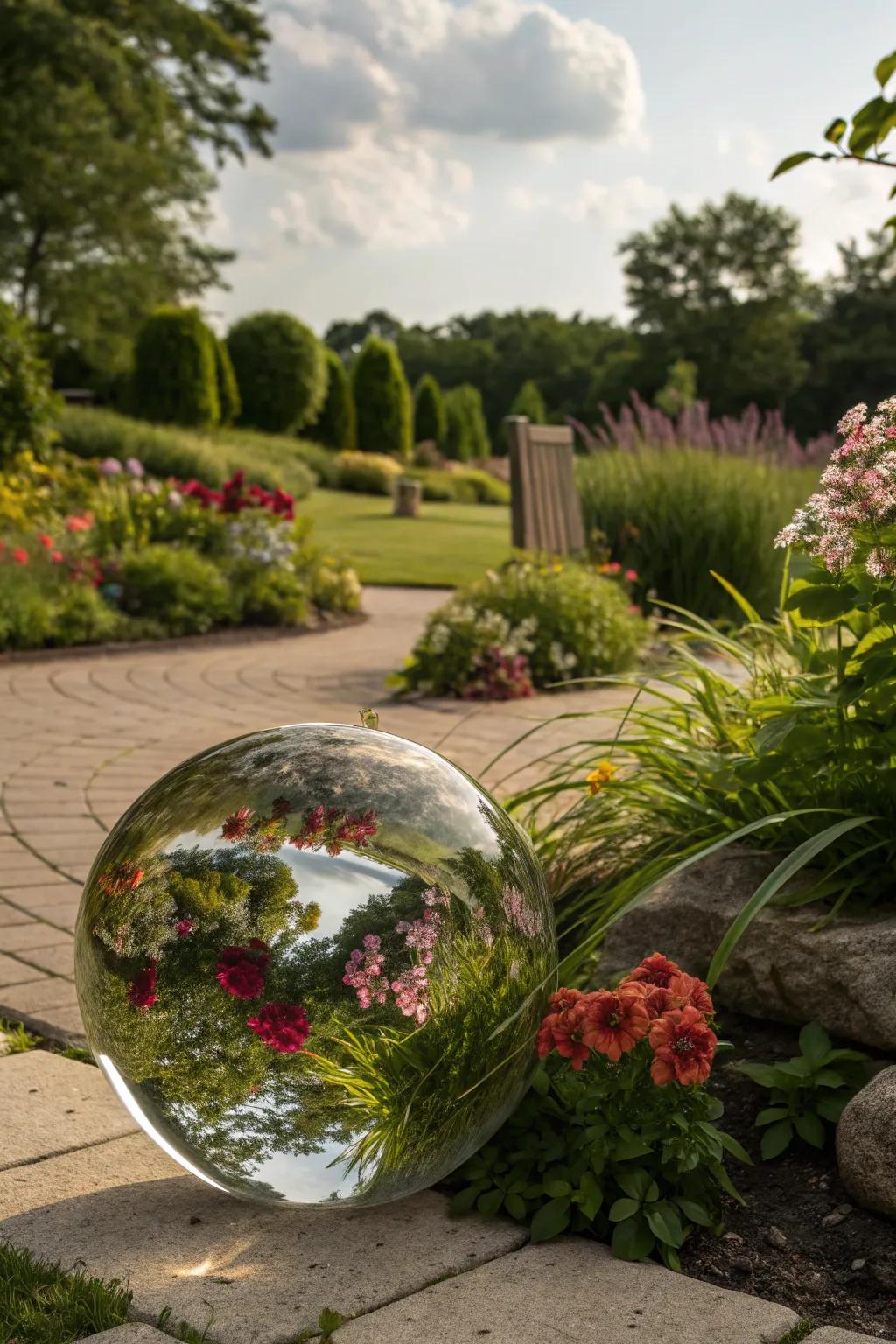 A themed gazing ball with intricate floral designs.
