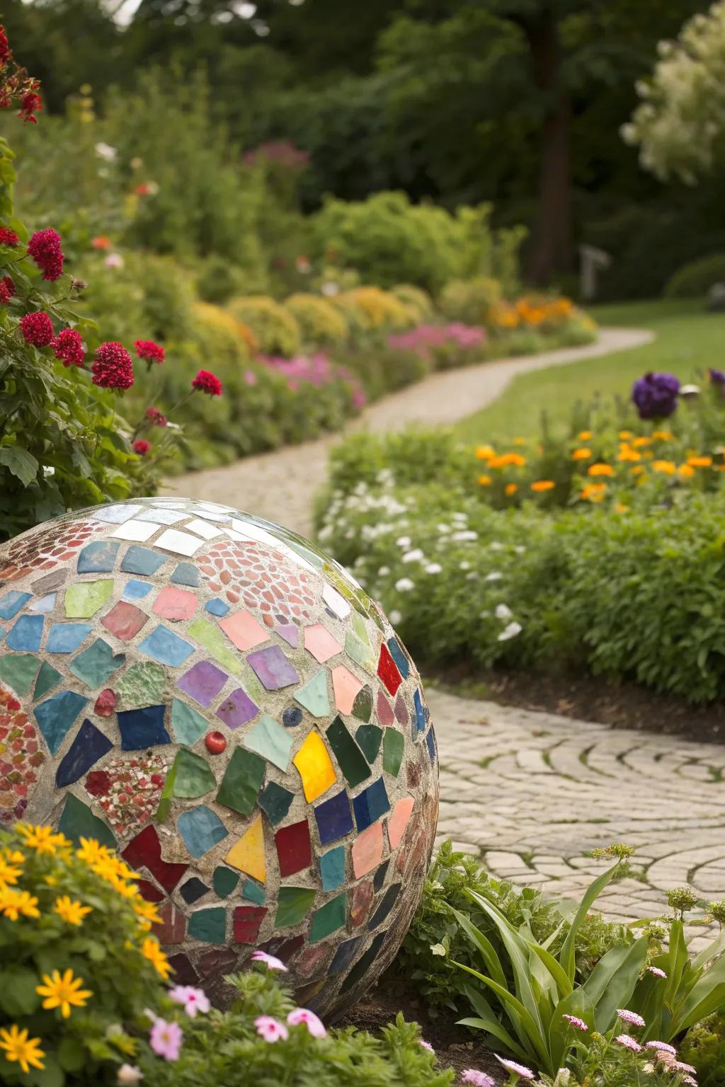 A mosaic-tiled gazing ball adding a pop of color.