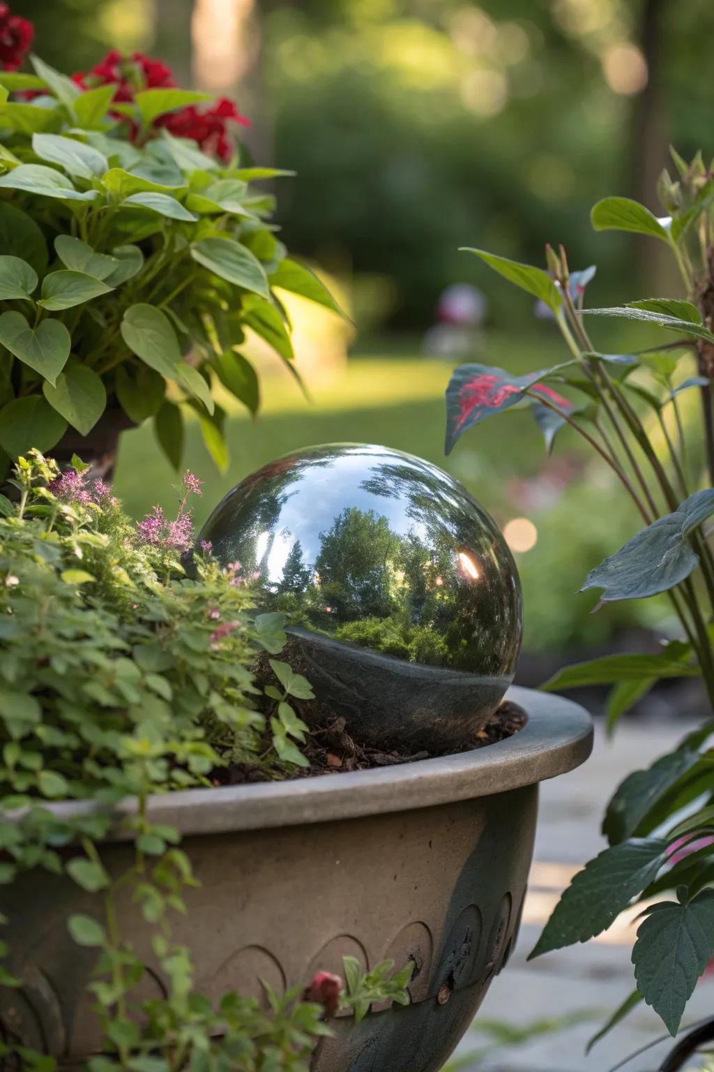 A gazing ball nestled in a pot with surrounding greenery.