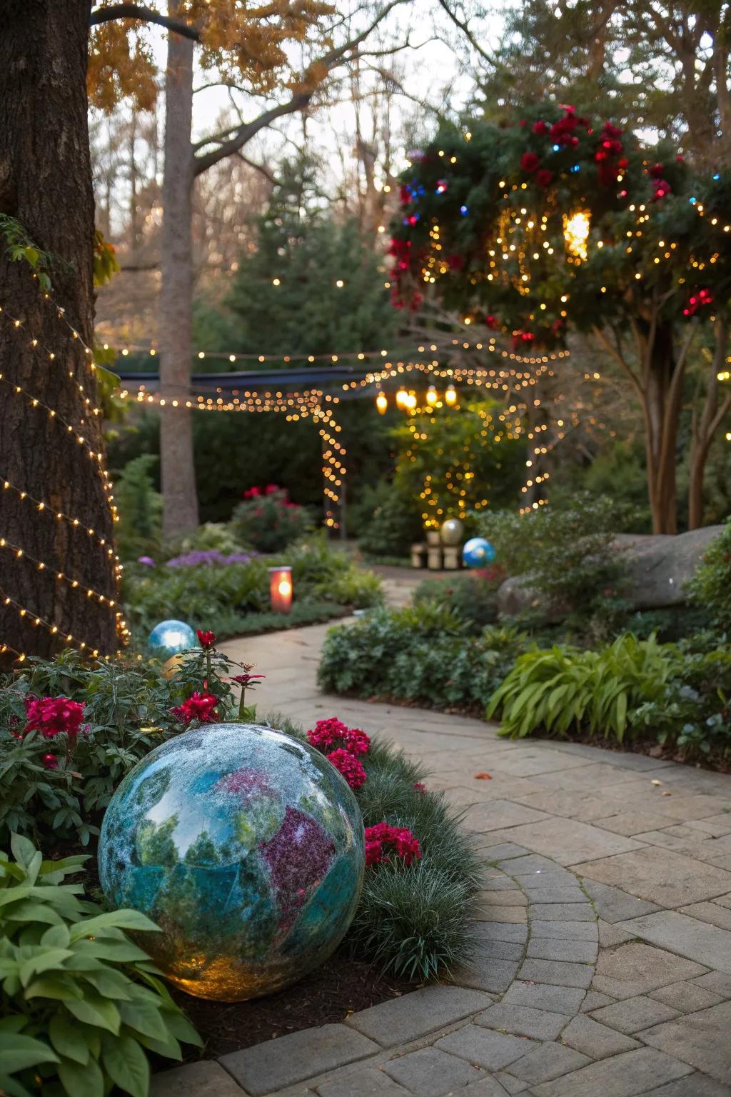 Seasonal gazing ball adding a fresh touch to the garden.