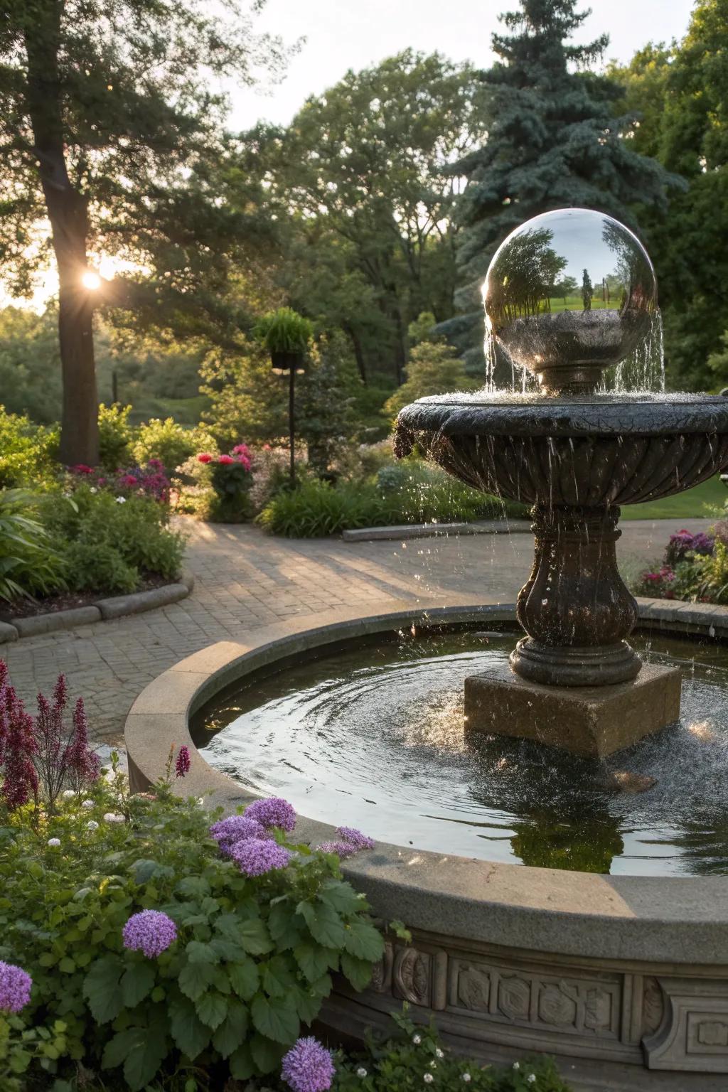Gazing ball enhancing a garden fountain.