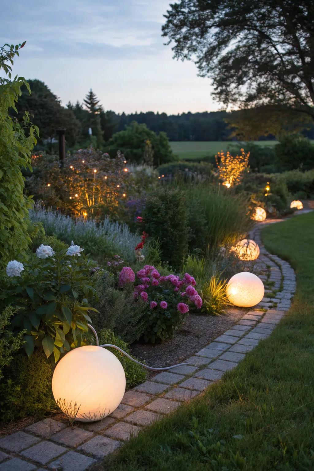 Gazing balls illuminated for a magical nighttime effect.