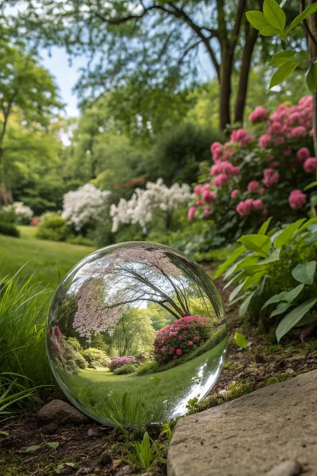 Mirrored gazing ball reflecting the garden's greenery.