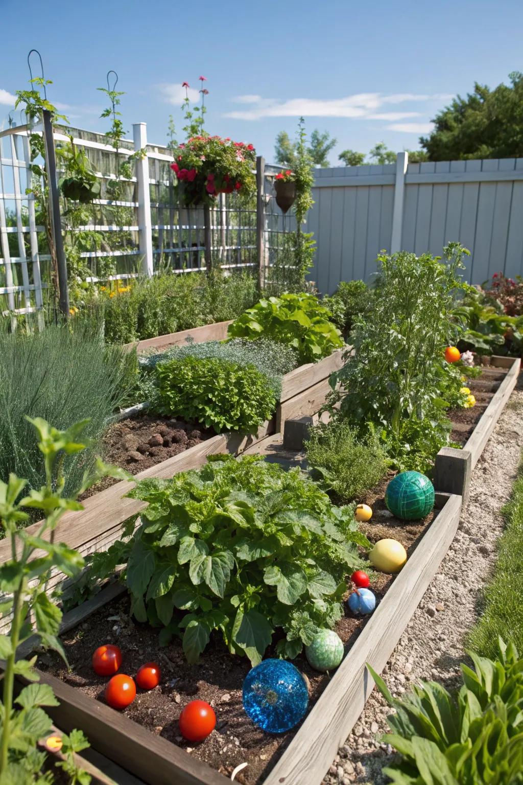 Charming gazing balls in an edible garden setting.