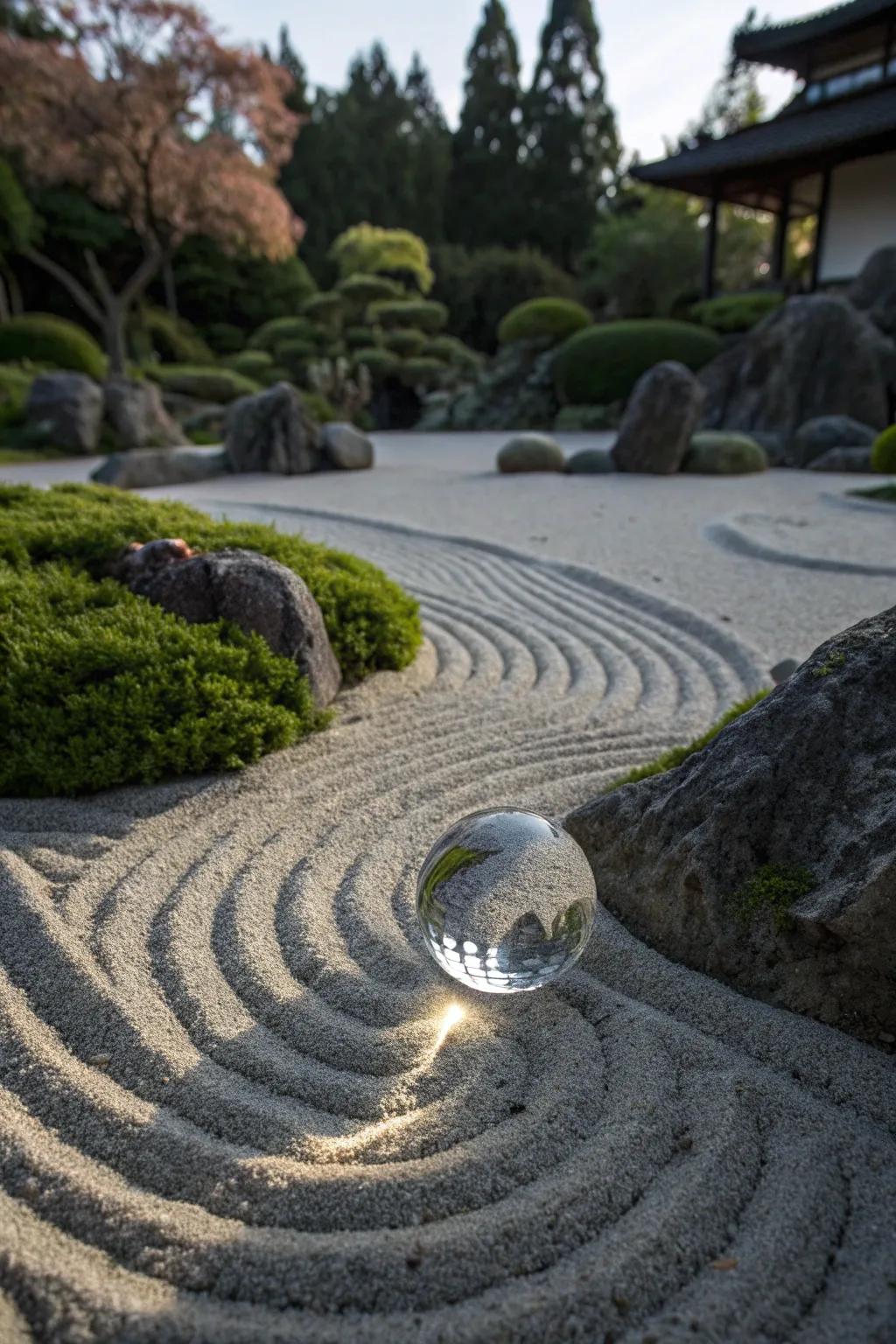Reflective gazing ball in a tranquil Zen garden.