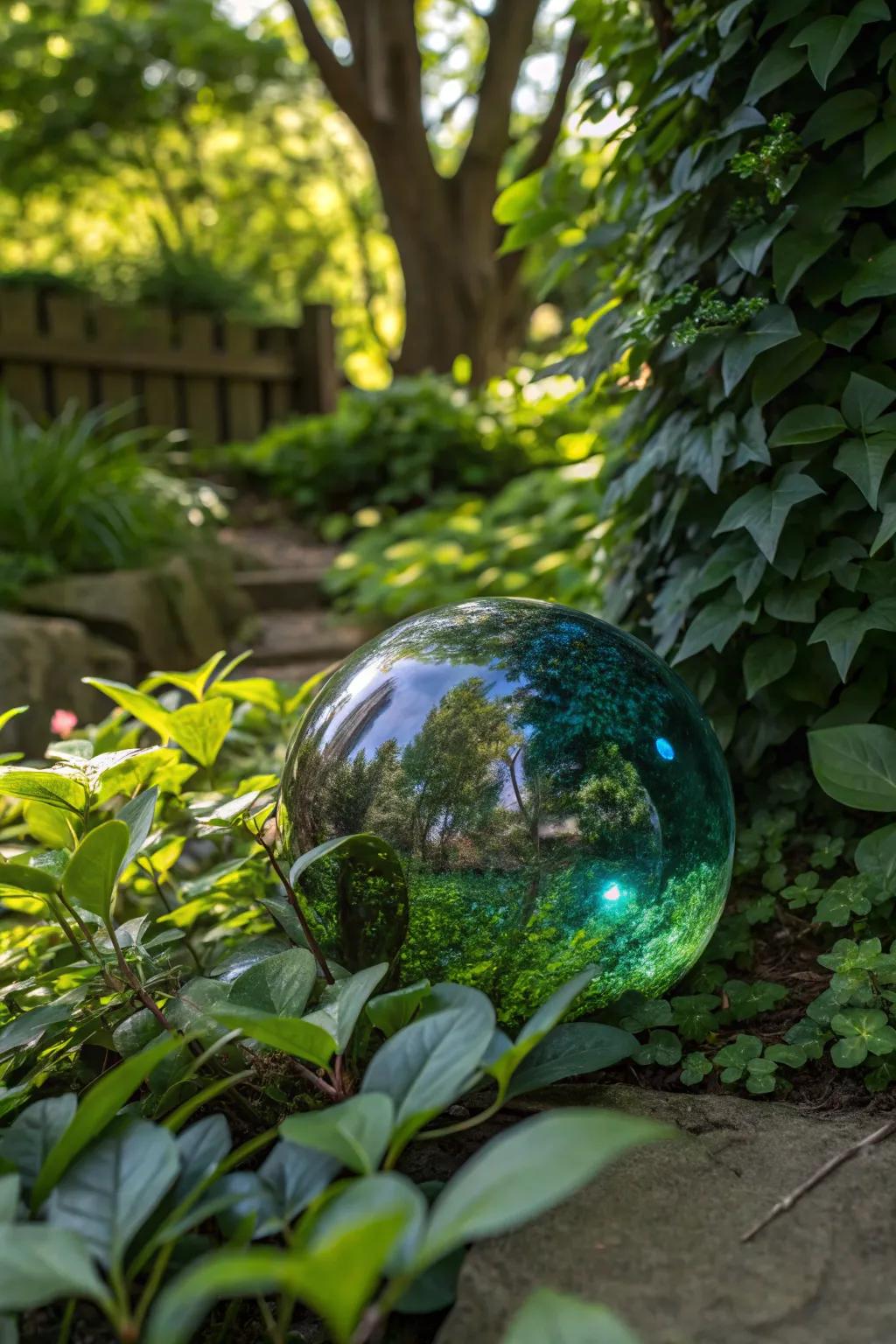 Brightly colored gazing ball contrasting with green foliage.