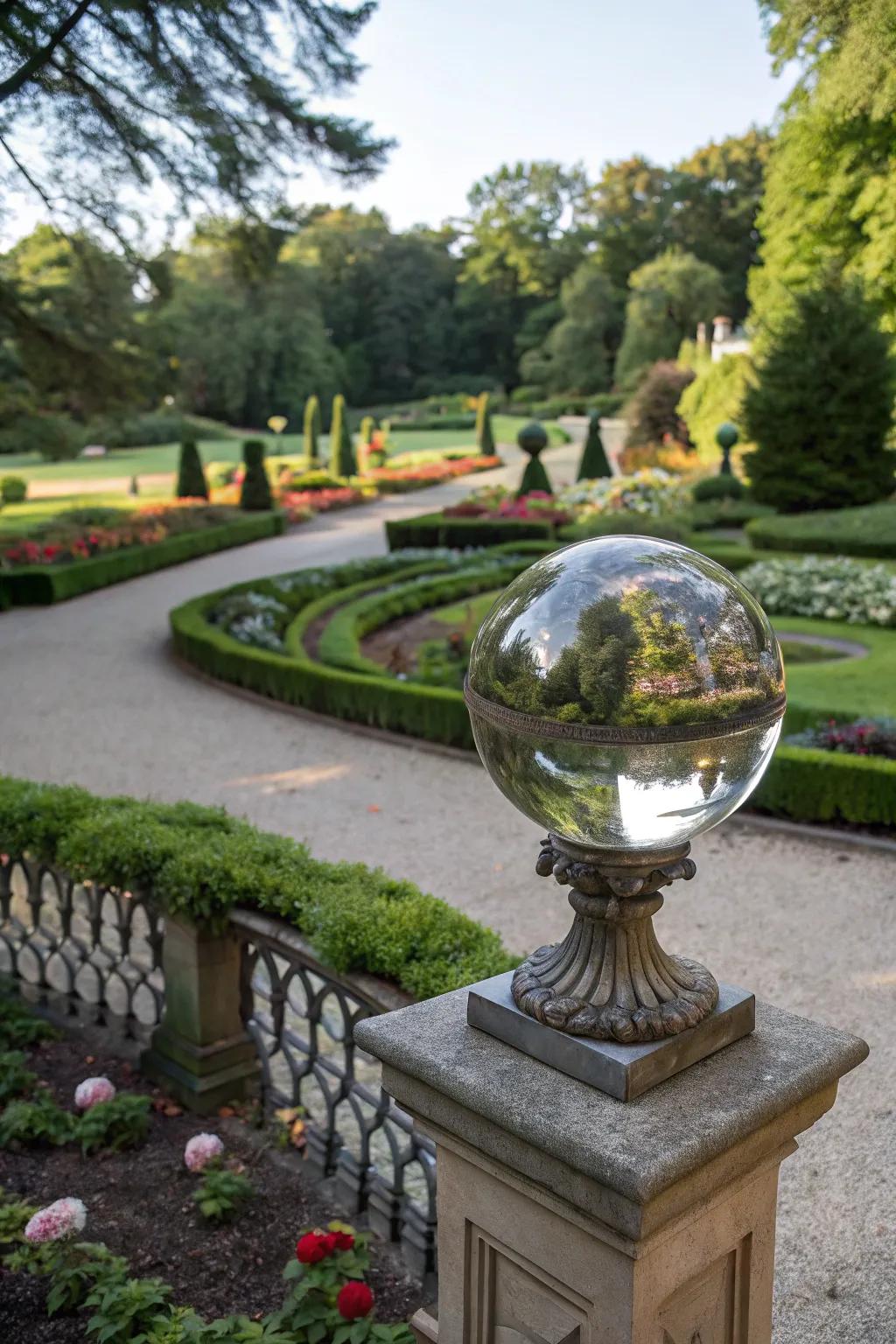 Gazing ball perched on a decorative stand.