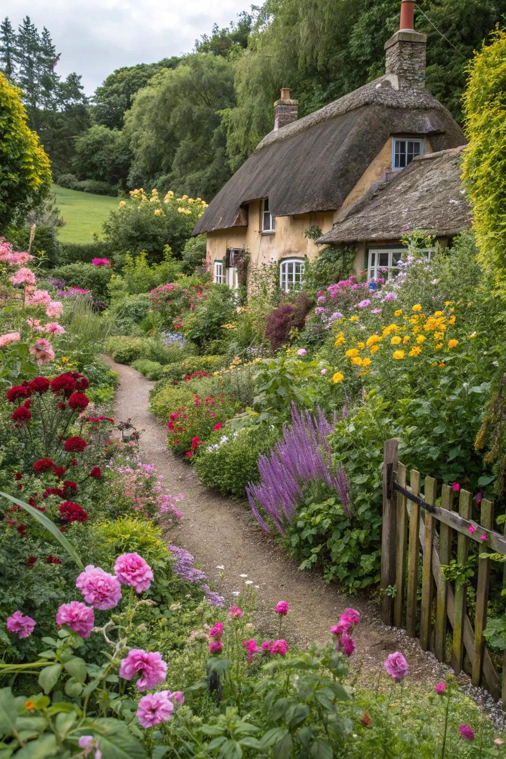 Cottage gardens bring a wild, romantic feel.