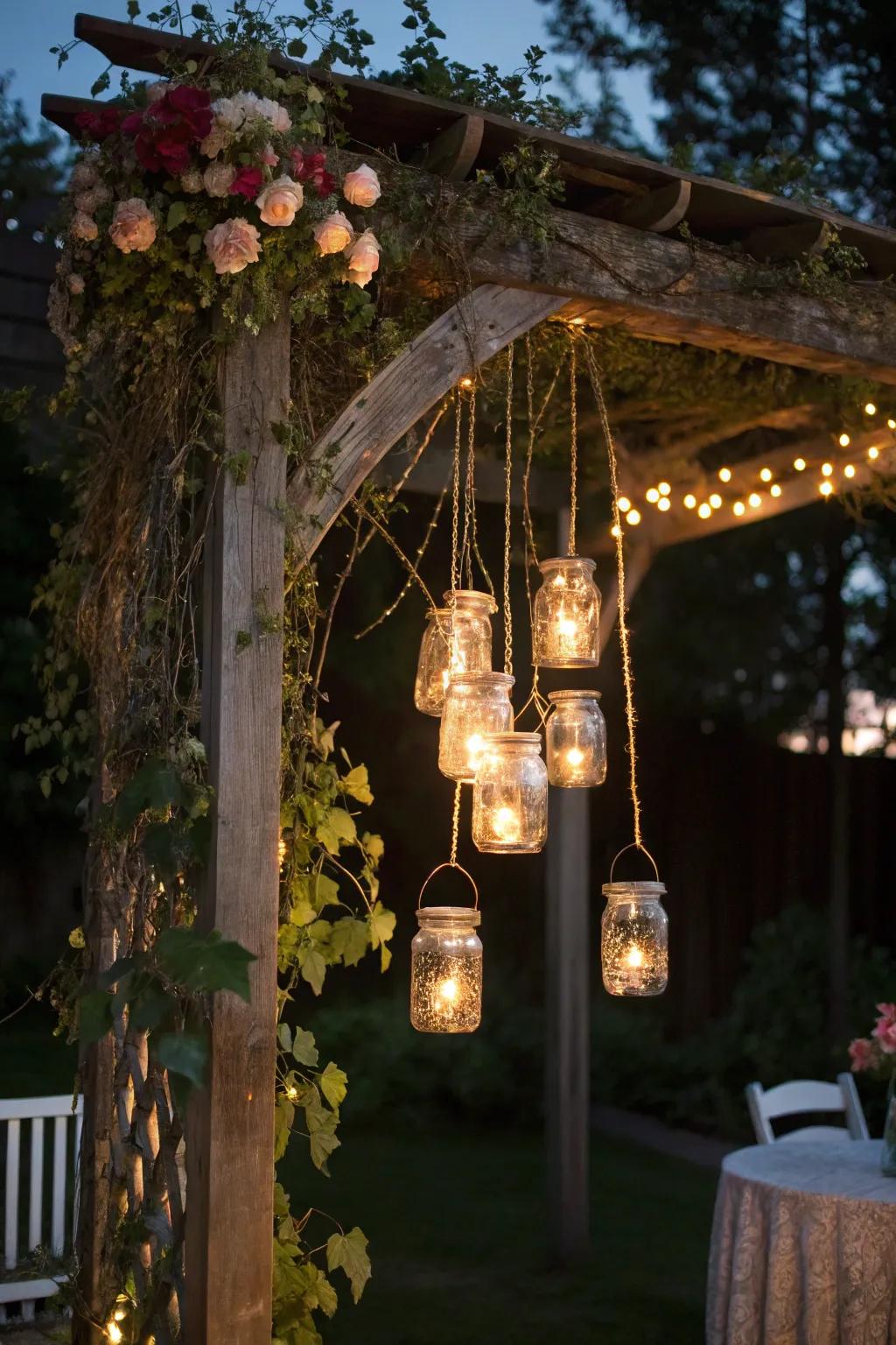 A DIY chandelier made from mason jars under an arbor.