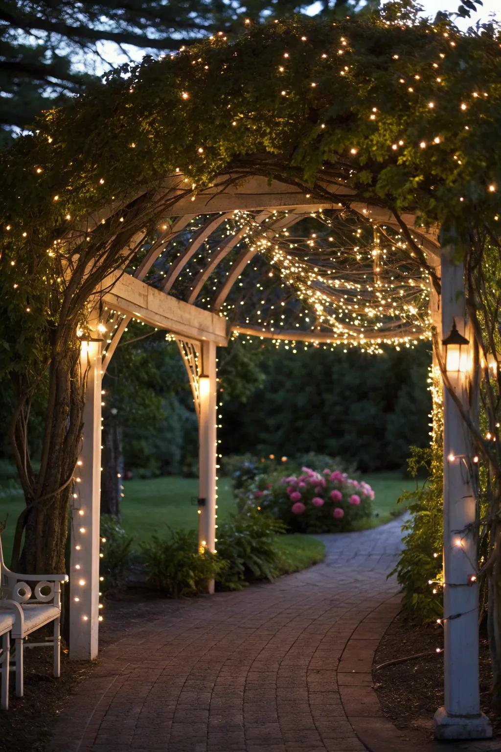 A glowing canopy of twinkling lights over an arbor.