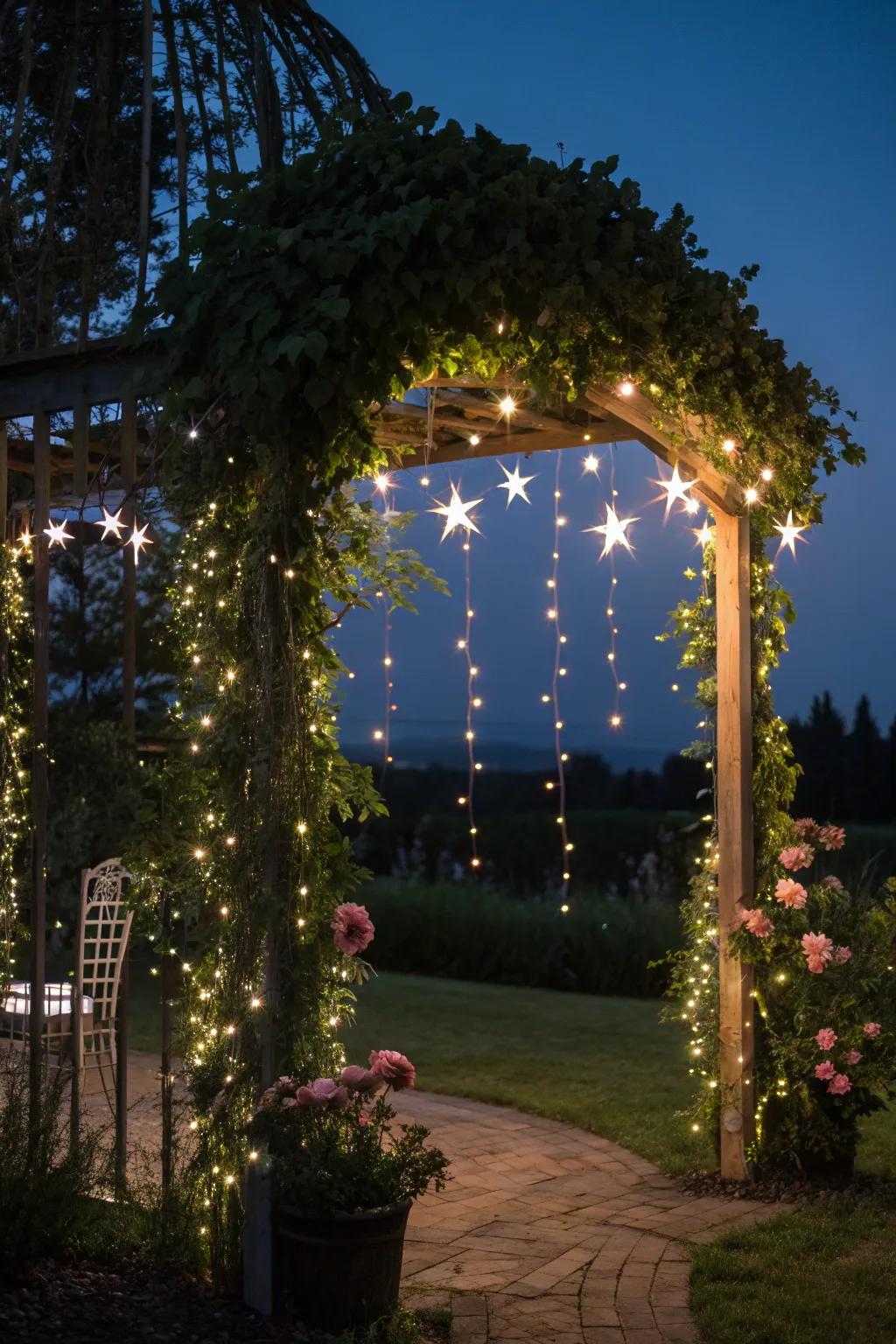 Fiber optic lights creating a starry night effect under an arbor.