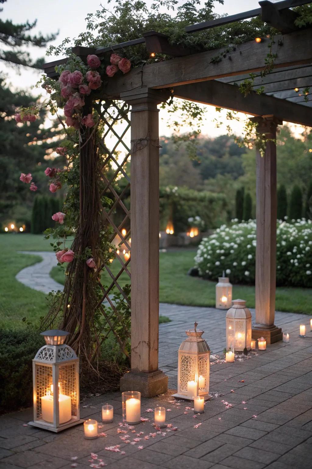 Candle lanterns around an arbor for a romantic touch.