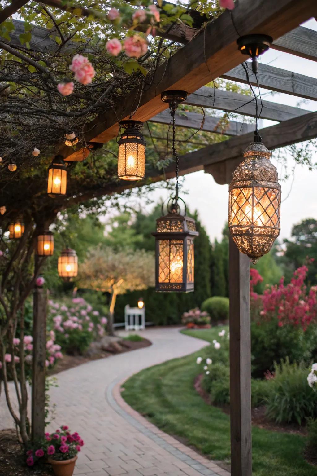 Hanging lanterns on an arbor casting a warm glow.